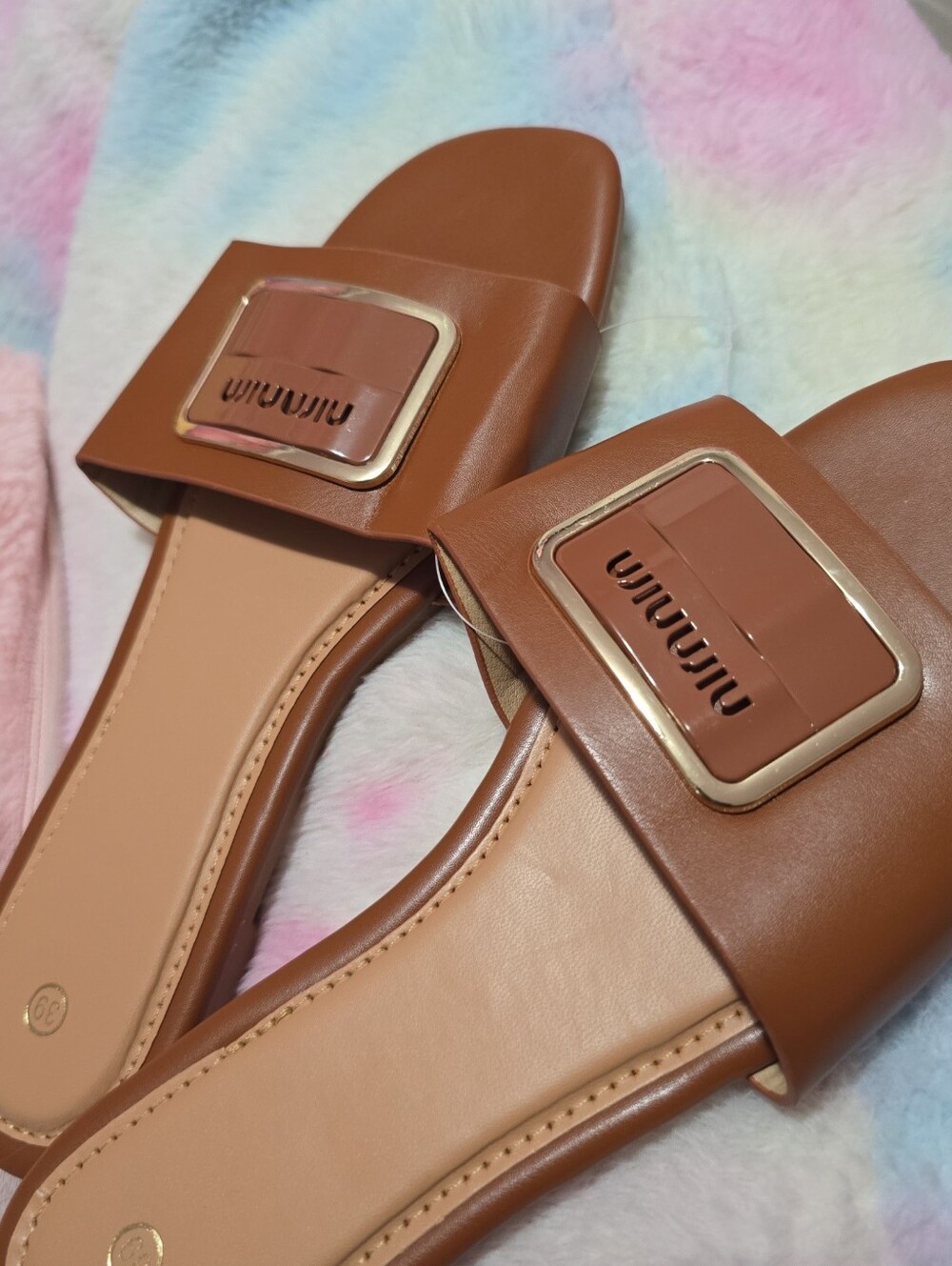 Miu Miu Cognac Brown Slide Mules with Gold Buckle